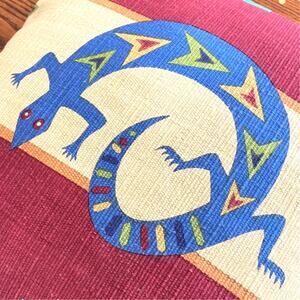 Colorful Gecko Lizard Vintage Folk Art Aztec Pillow 100% Cotton Southwestern GUC